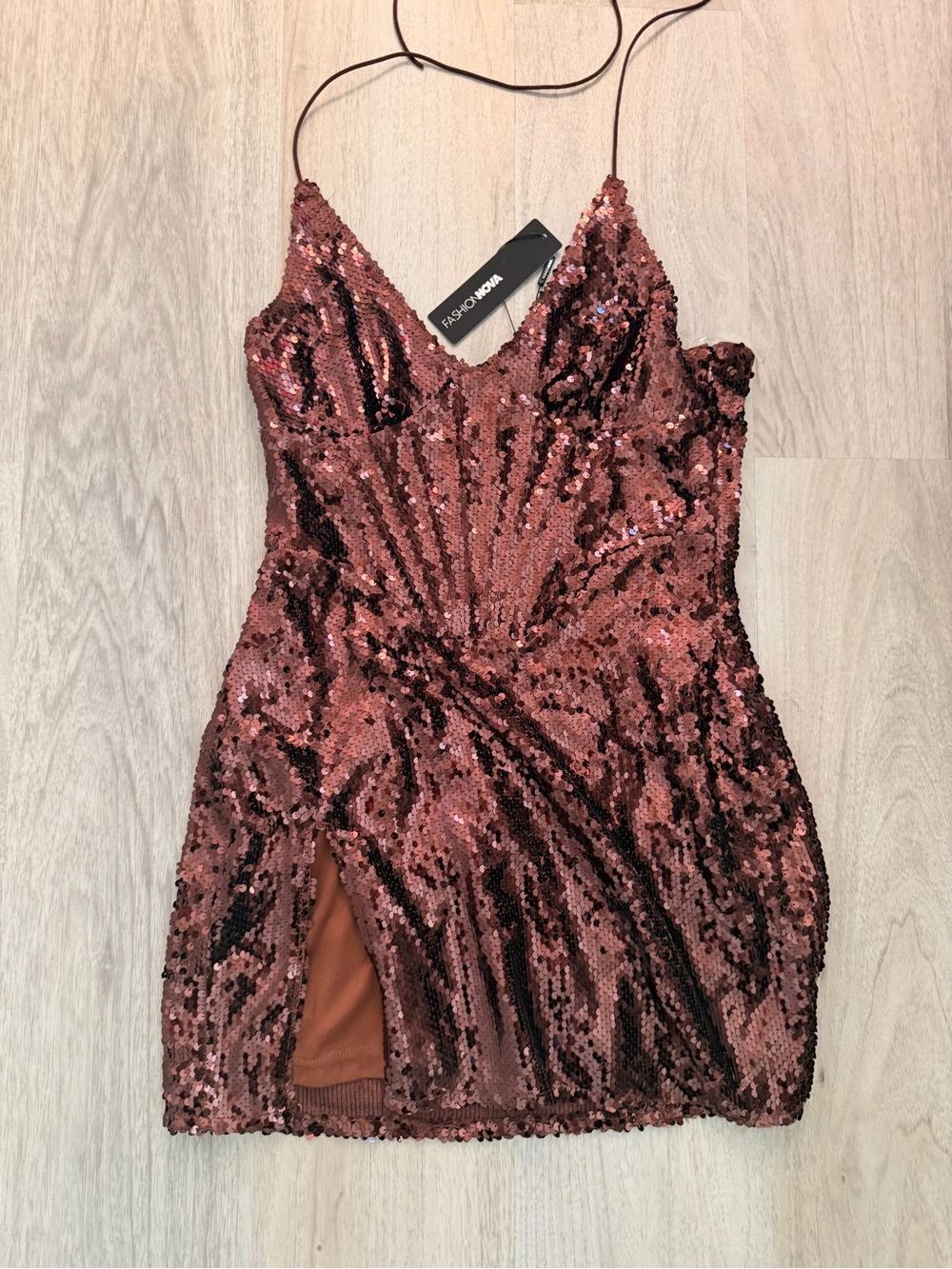 Fashion Nova Brown Sequin Cami Mini Dress